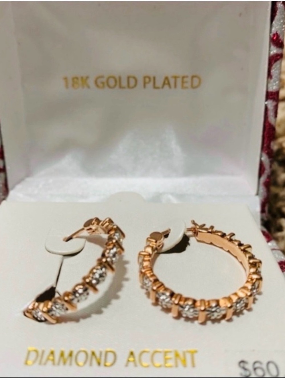 18K Gold Plated Diamond Accent Hoop Earrings - Rose Gold